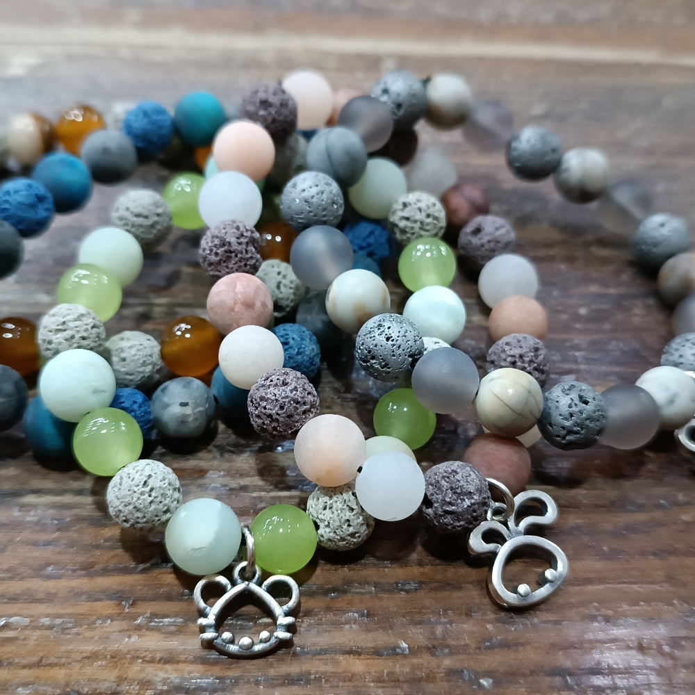 Beaded Multicolor Essential Oil Bracelet with Silver Charm Bunny Ox Snake Tiger